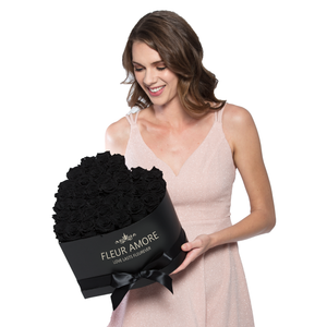Black with One Gold Preserved Roses | Heart Black Luxury Rose Box