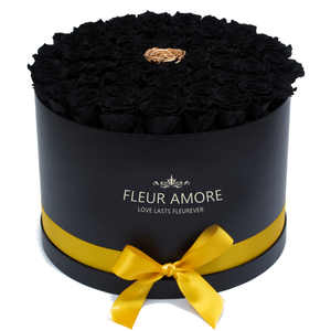 Black & Gold Preserved Roses | Large Round Black Huggy Rose Box